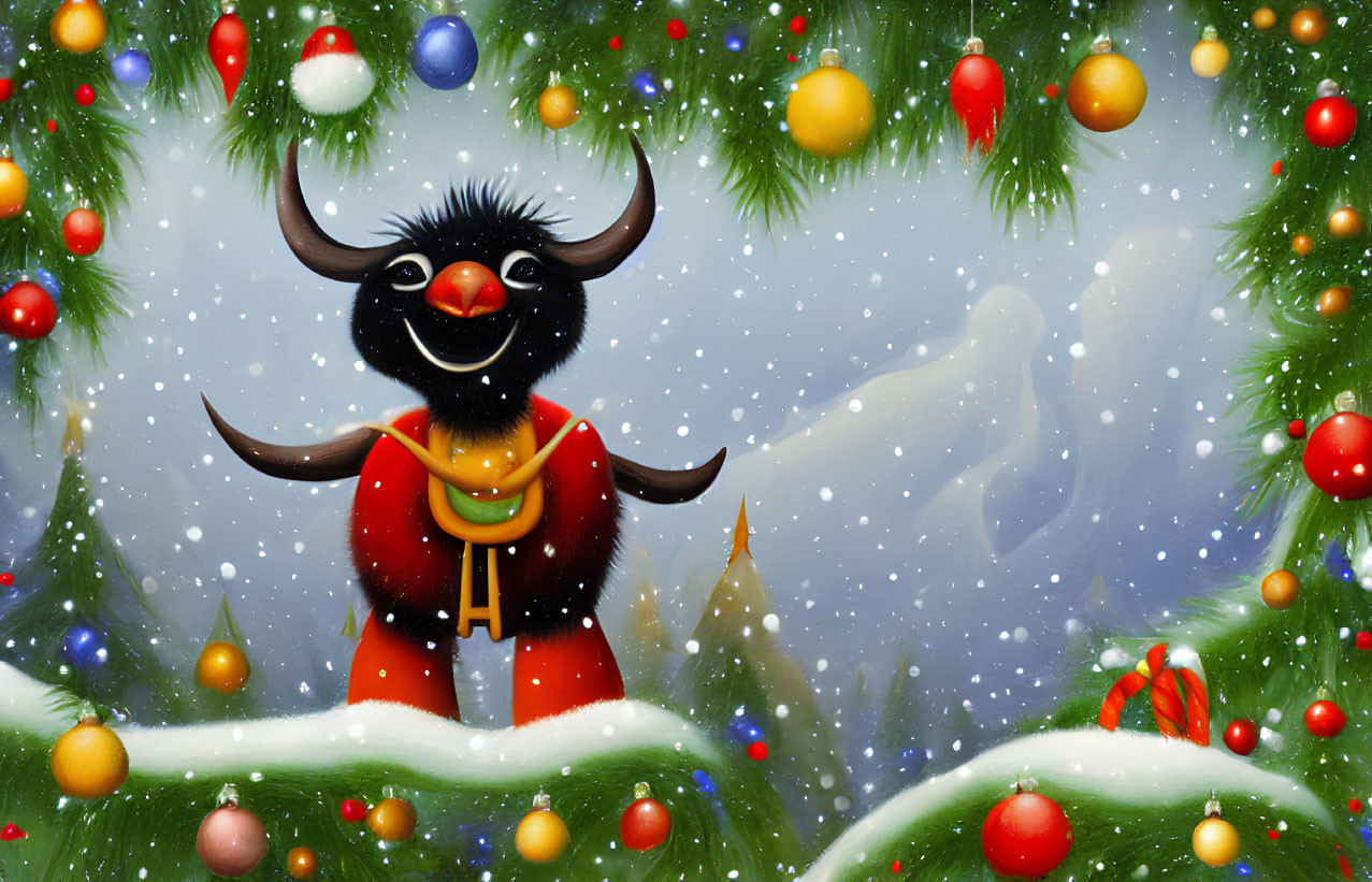 Cartoon bull in snowy Christmas tree scene