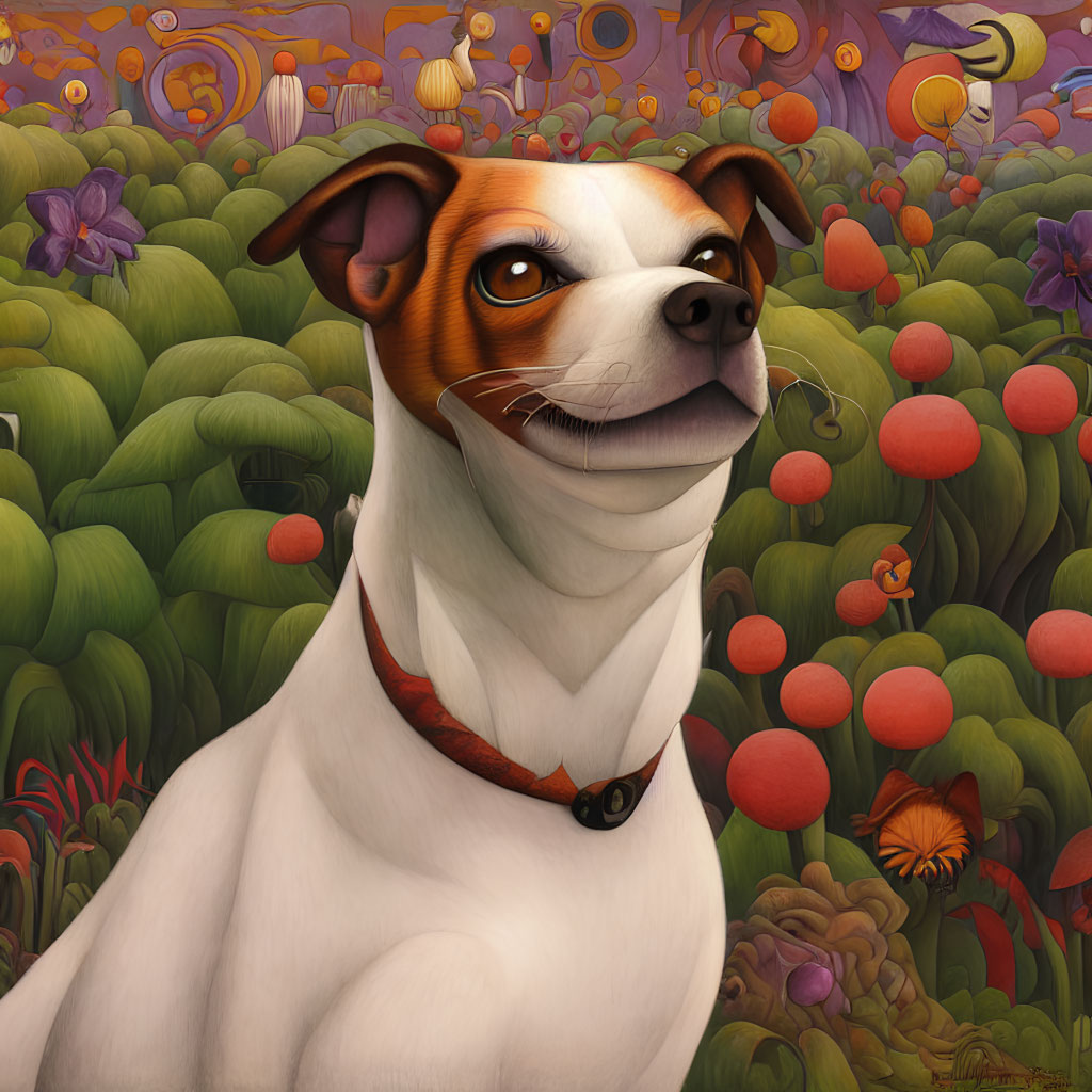 Whimsical painting of smirking dog in vibrant fantasy setting