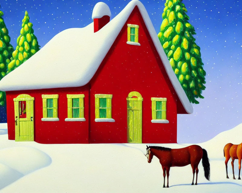 Colorful winter scene with red house, green doors, snow, horses, and pine trees