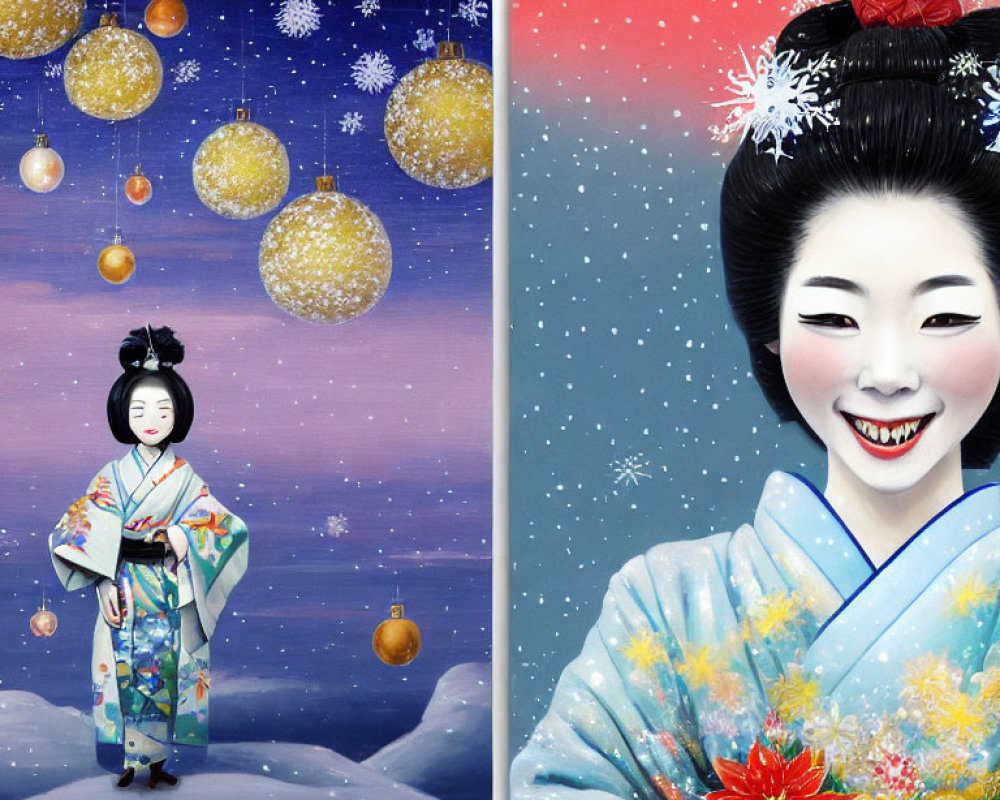 Smiling geisha in floral kimono with snowy scene and lanterns