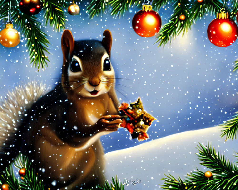 Snowy Scene: Cheerful Squirrel with Festive Decorations