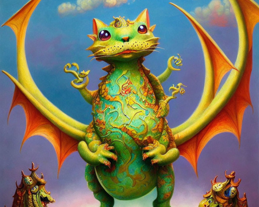 Colorful Painting of Rotund Dragon Surrounded by Smaller Dragons