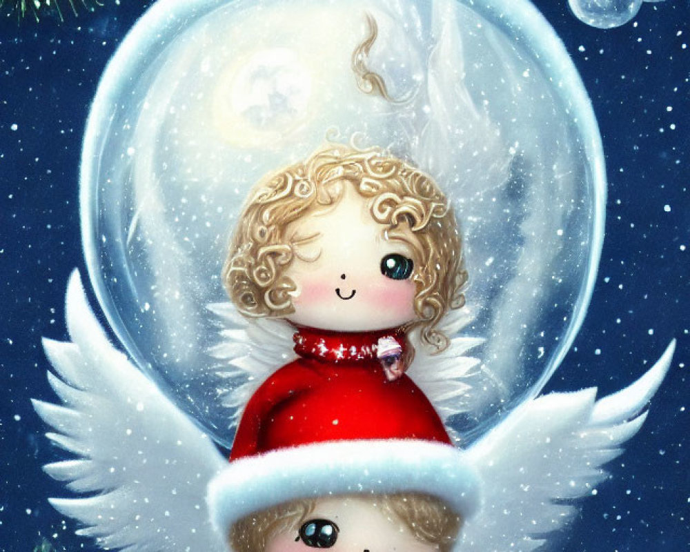 Stylized angel on snowman under starry sky with festive decorations