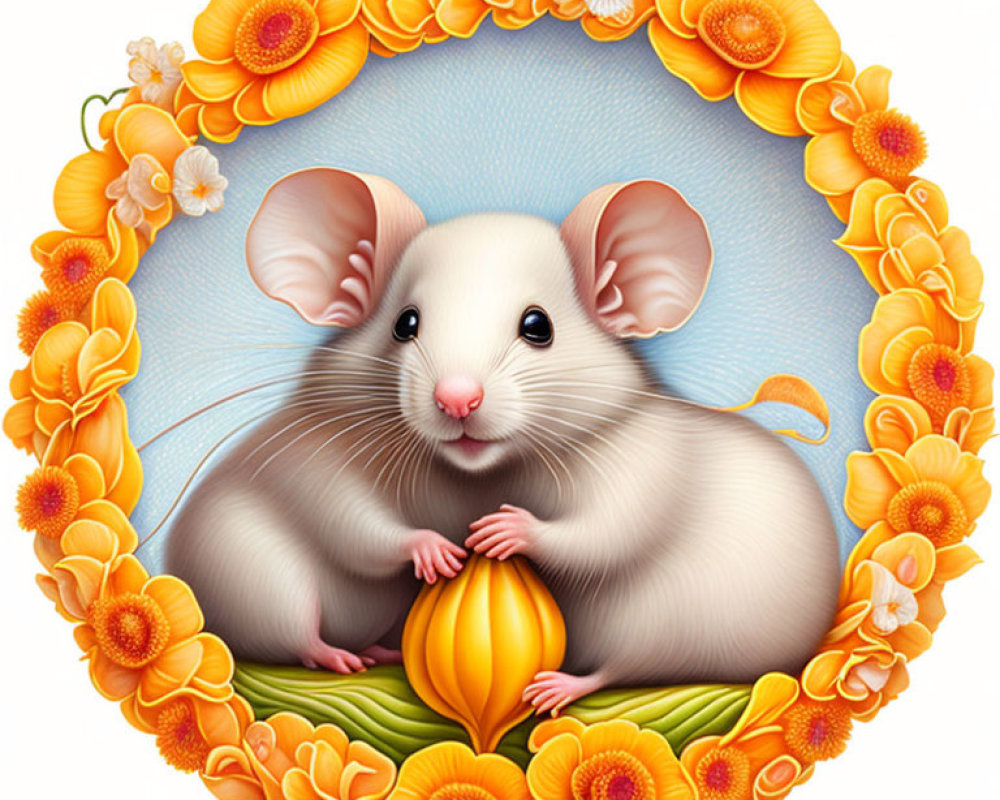 Illustration of cute mouse in floral frame with fruit