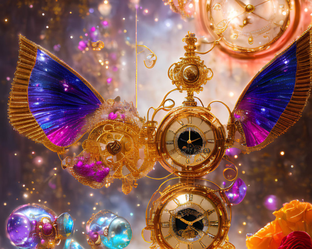 Golden ornate clocks with butterfly wings among floating balloons, stars, roses on warm sparkling background