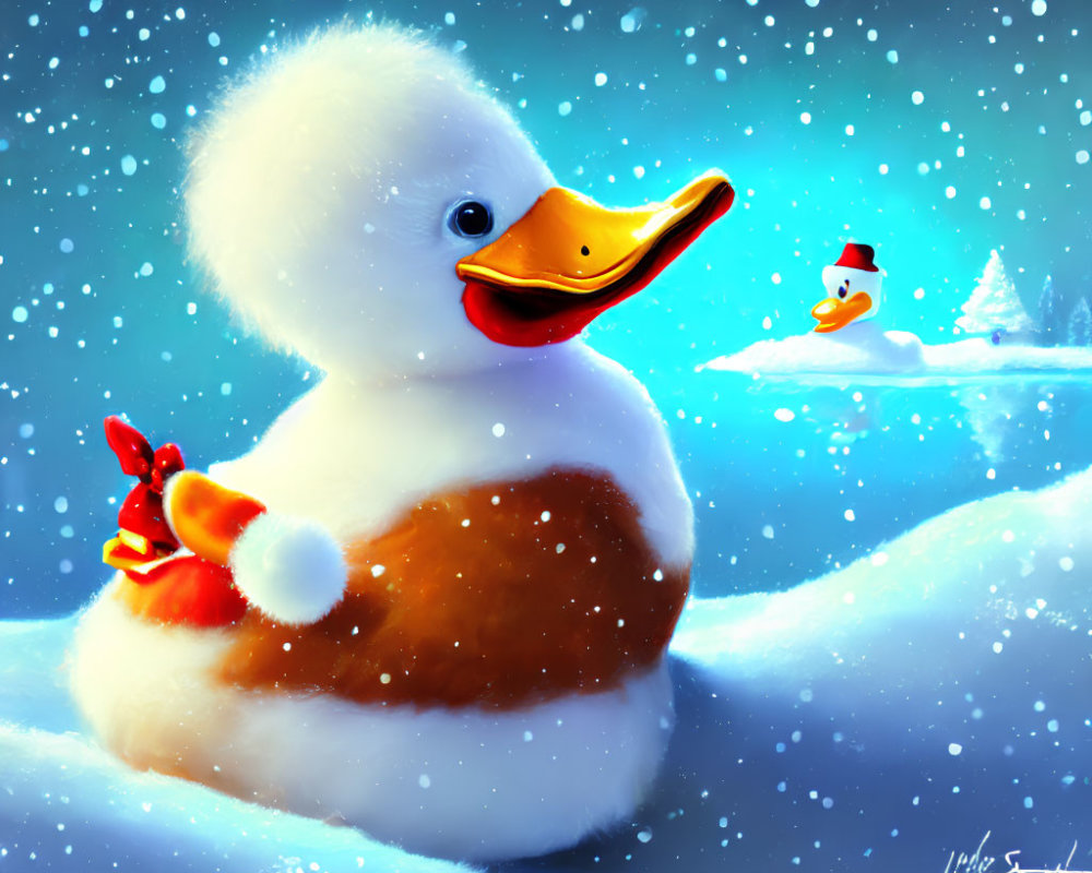 Large Duck in Santa Hat with Snow-Duck in Snowy Landscape