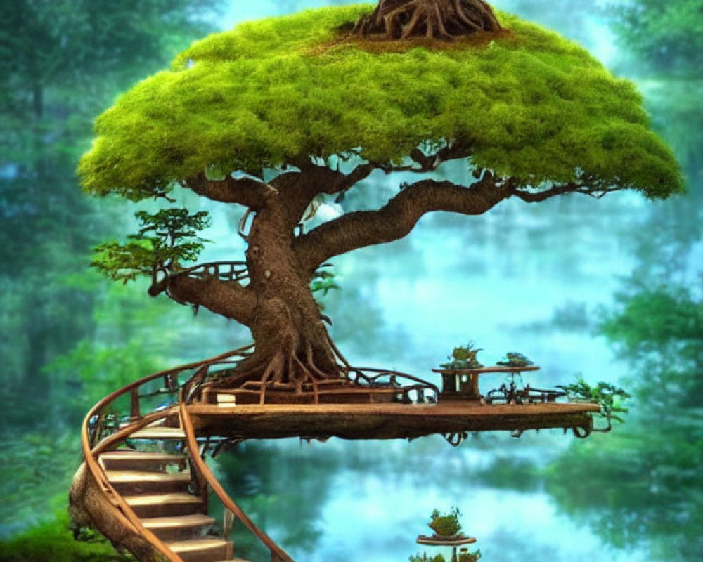 Illustration of multi-tiered treehouse with lush greenery and serene lakeside setting