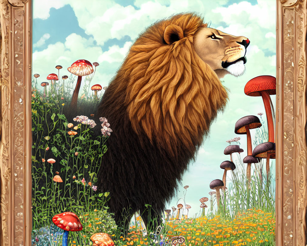 Majestic lion portrait with colorful flowers and mushrooms in golden frame