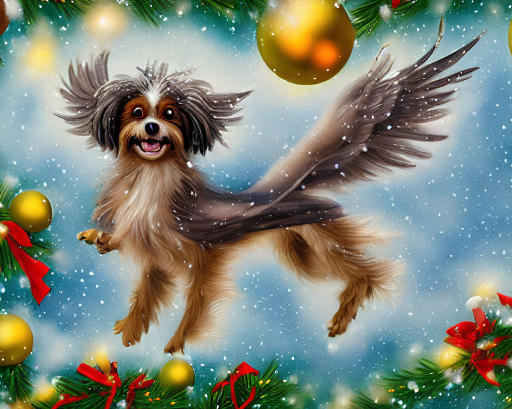 Flying Dog with Wings in Festive Christmas Scene