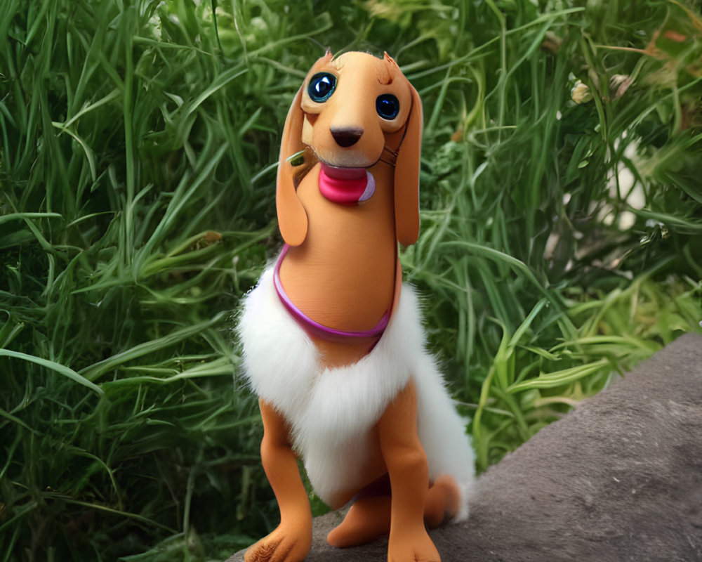 Brown and White Dog Toy Figurine on Rock with Green Plants