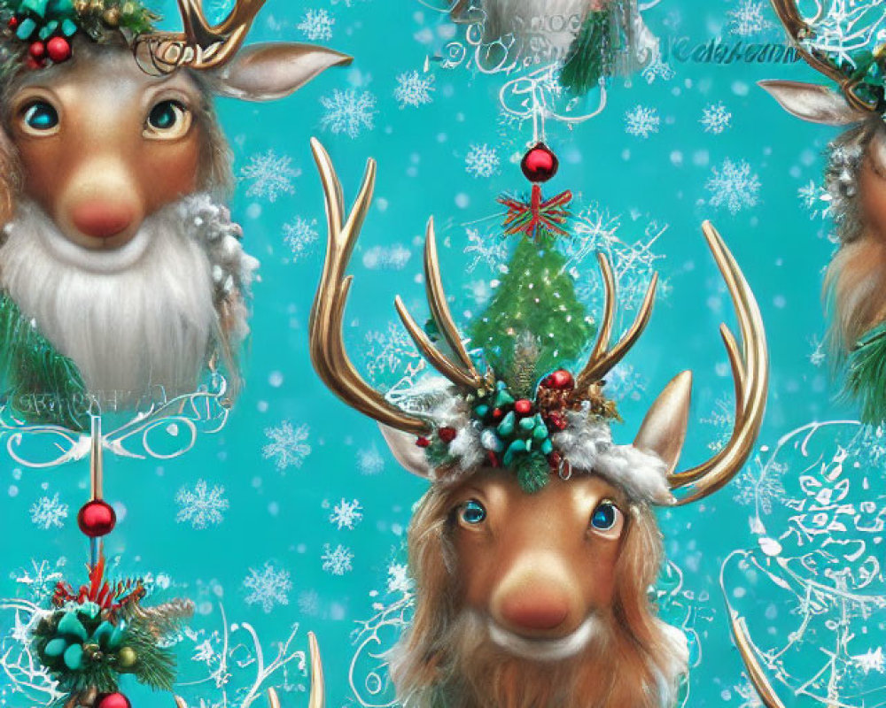 Whimsical reindeer with festive decorations on turquoise background