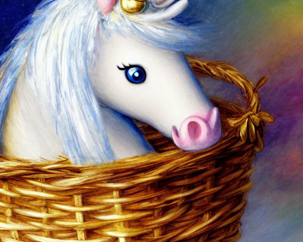 Whimsical unicorn with golden horn in woven basket on blue background