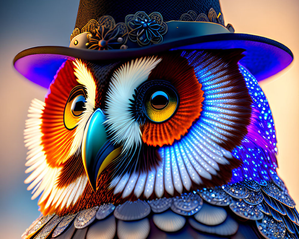 Colorful Owl Art with Intricate Hat and Feather Patterns