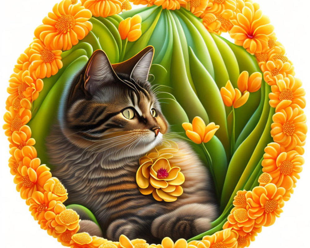 Tabby Cat with Flower in Orange and Green Floral Frame