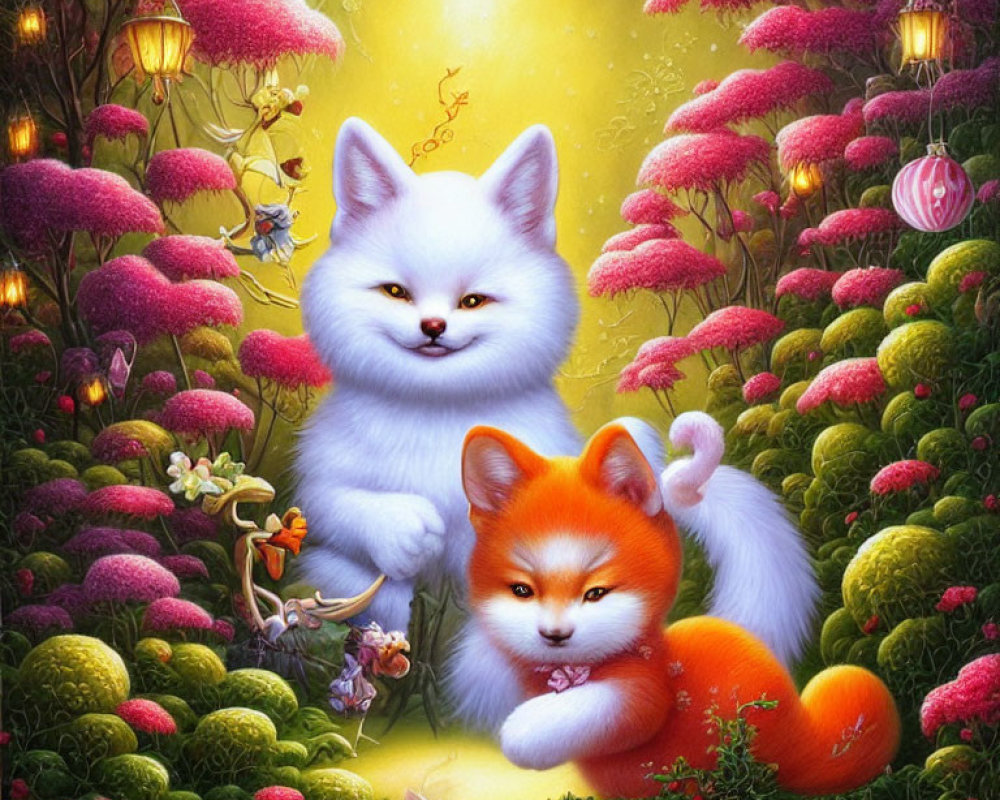 Vibrant fantasy cats in colorful garden with lanterns & oversized flowers