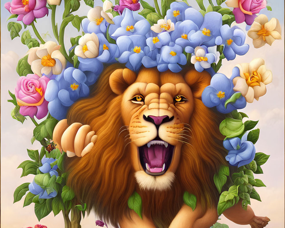 Colorful Flower Mane Lion Against Cloudy Background