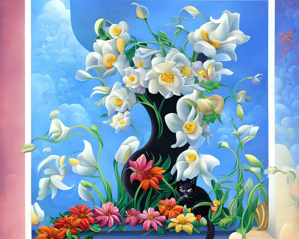 Surreal black vase painting with white flowers and black cat on cloud background