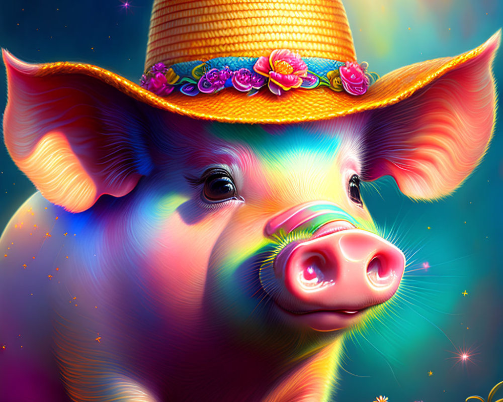 Colorful Pig in Flowered Straw Hat on Starry Background