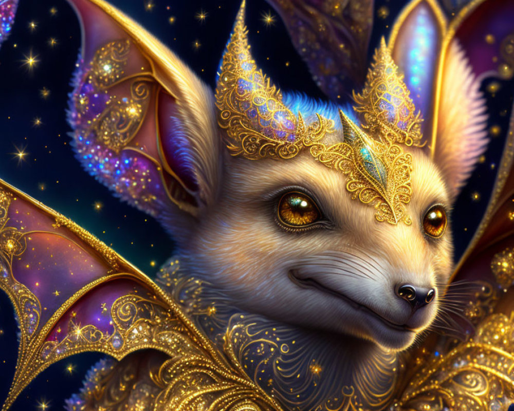 Golden-masked fox with translucent wings in midnight blue starry backdrop