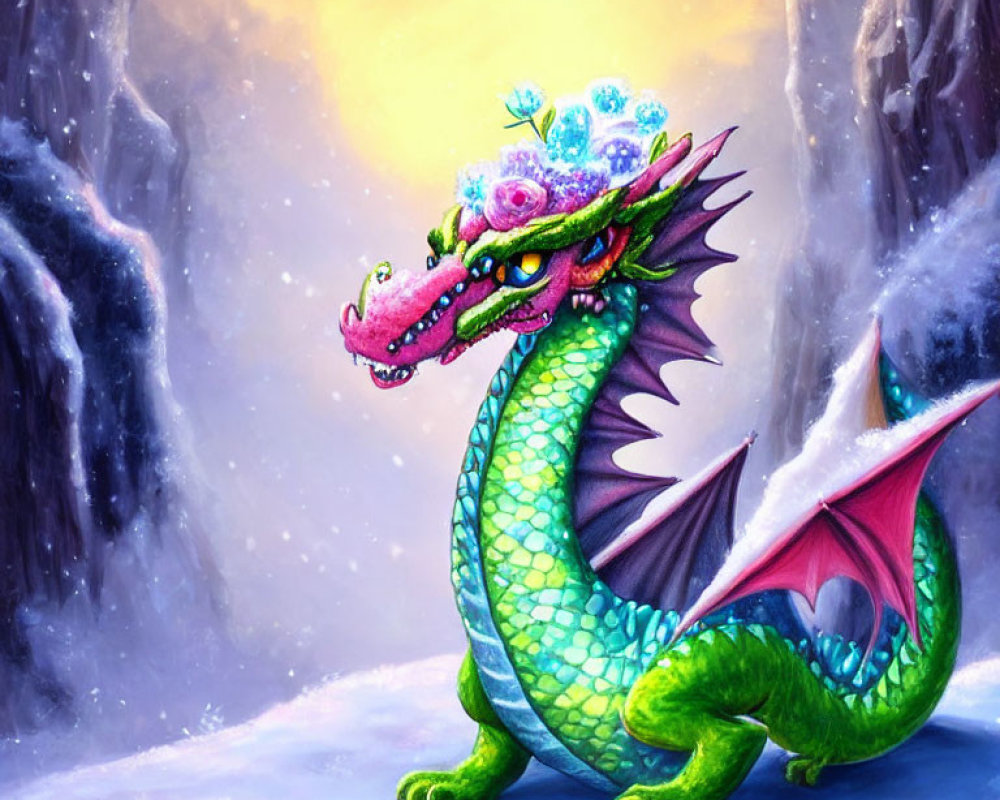 Colorful Green Dragon in Snowy Landscape with Yellow Aura