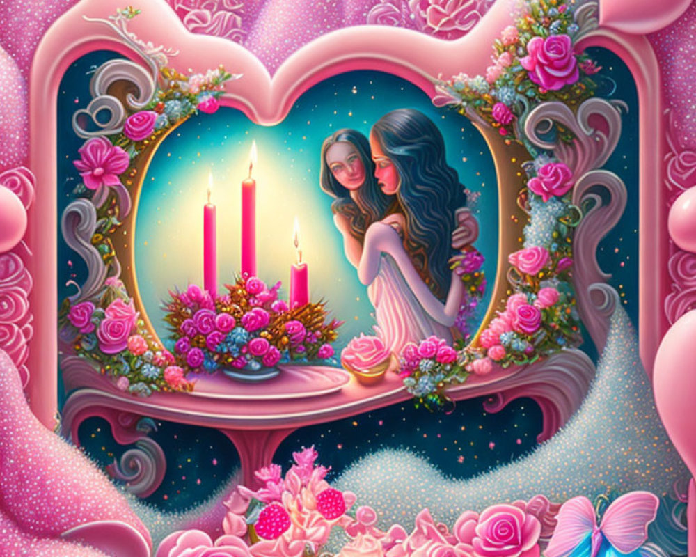 Illustration of woman in heart frame with roses, candles, and butterfly in dreamy pink ambiance