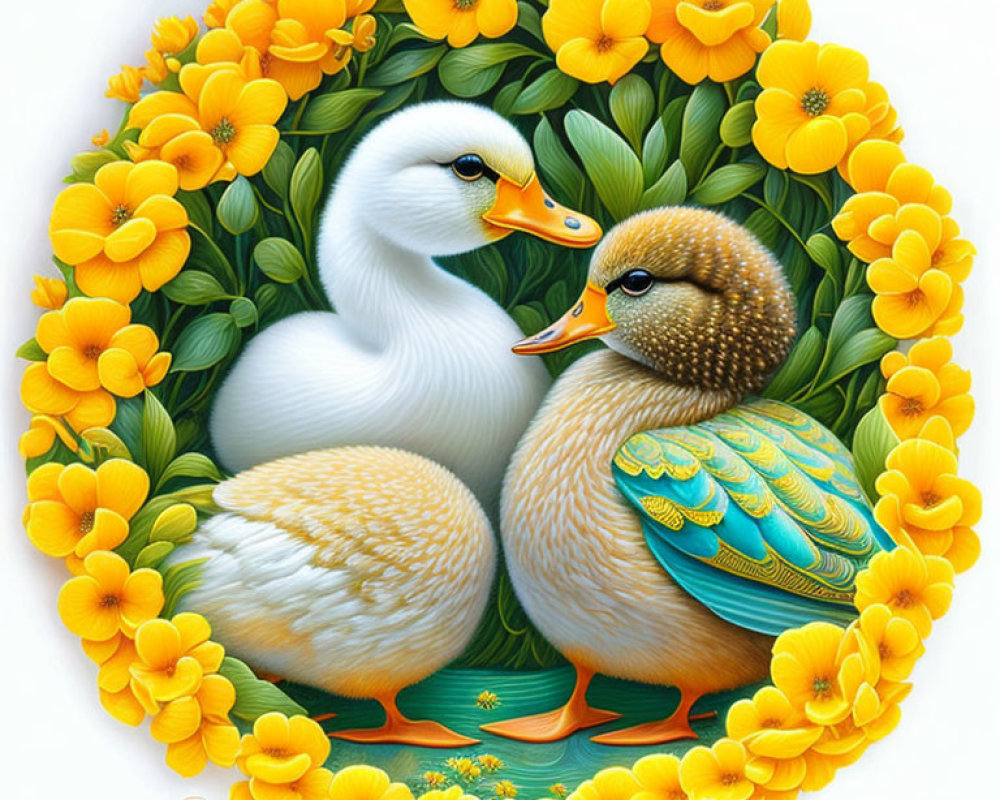 Stylized ducks in circular floral setting