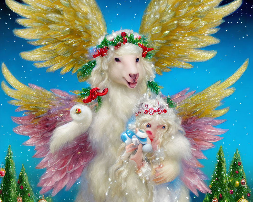 Festive winged sheep illustration with angelic wings and Christmas decor.