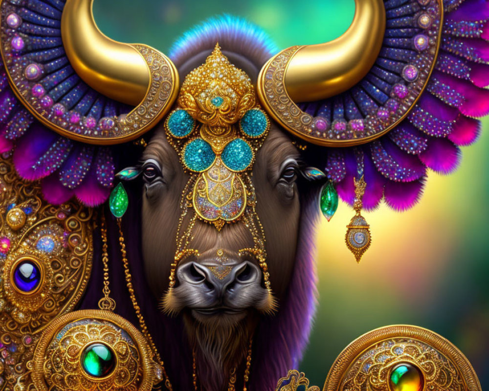 Ornate buffalo with golden horns, jewelry, feathers on colorful backdrop