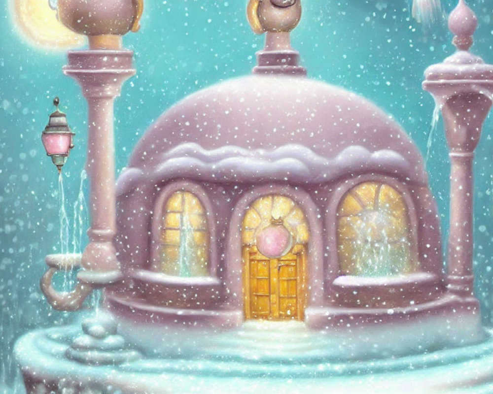 Snow-covered dome building with golden doors and glowing windows in falling snowflakes