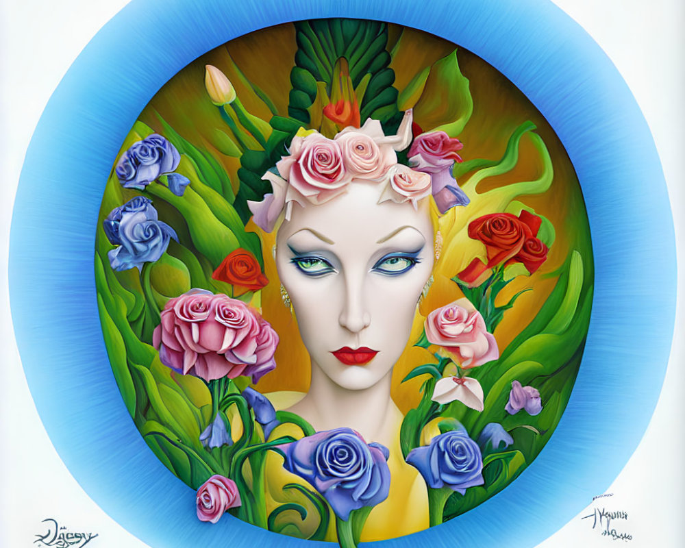 Vibrant floral circle surrounding woman's face on fiery leaf backdrop