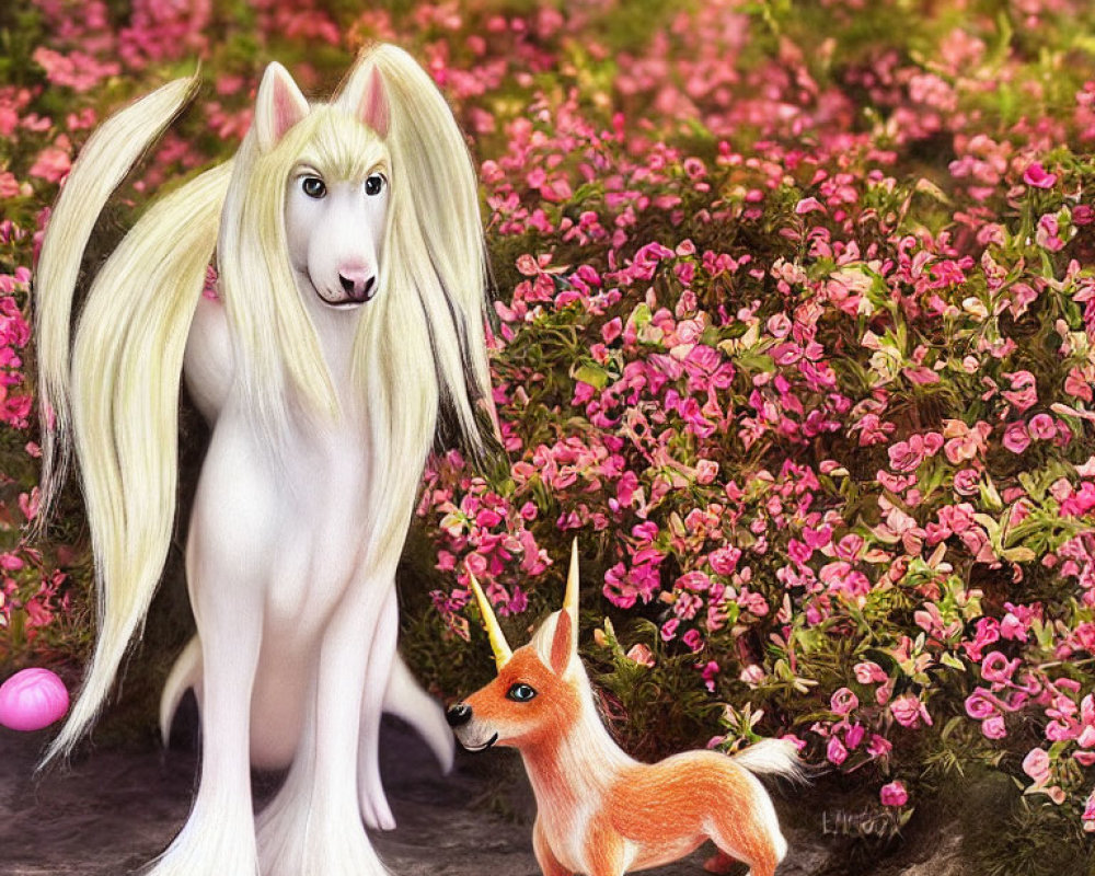 White Horse and Fox in Vibrant Garden Scene