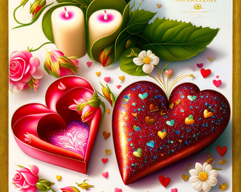 Colorful Heart-shaped Boxes, Roses, Candles, Petals & Leaves on White Background