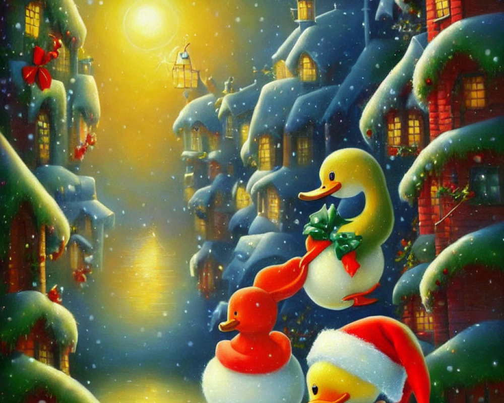 Three cartoon ducks in snowy scene with decorated houses under moonlit sky