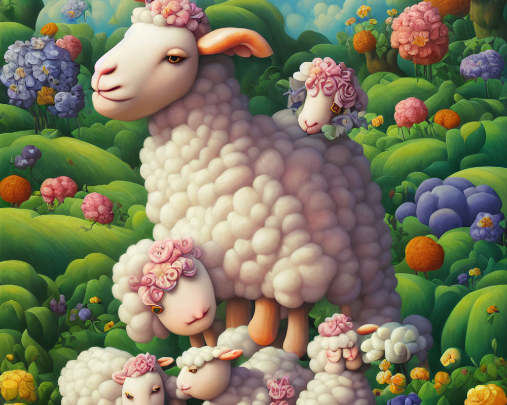 Illustration of Fluffy Sheep Among Vibrant Floral Landscape