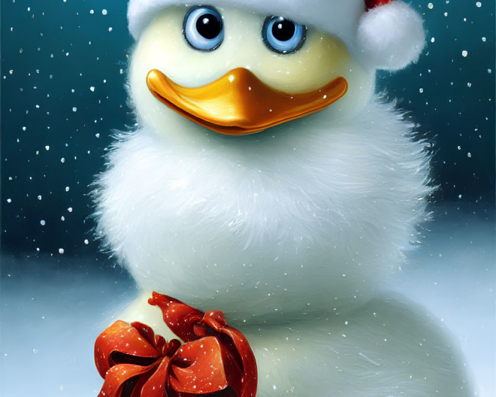 Cheerful Santa Hat Cartoon Duck with Christmas Ornament in Snowy Scene