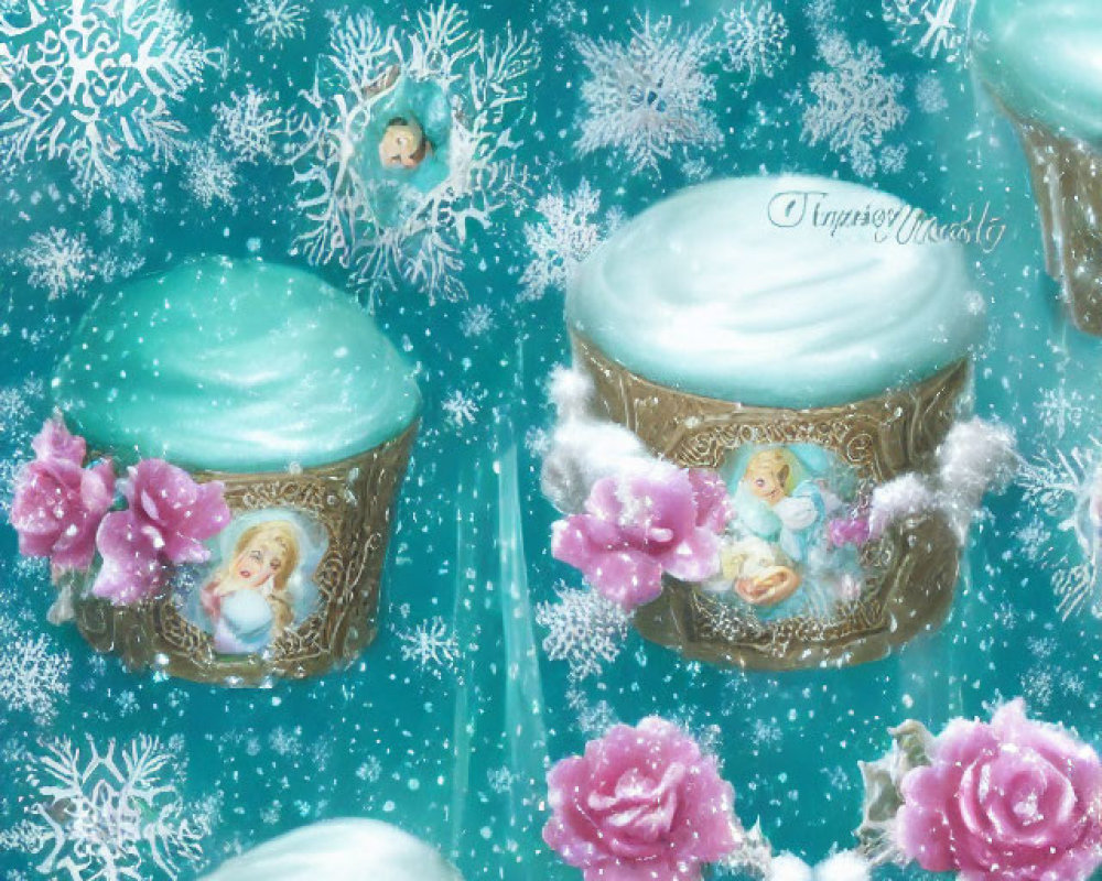 Four angelic cupcakes on snowy turquoise background with snowflakes and pink roses