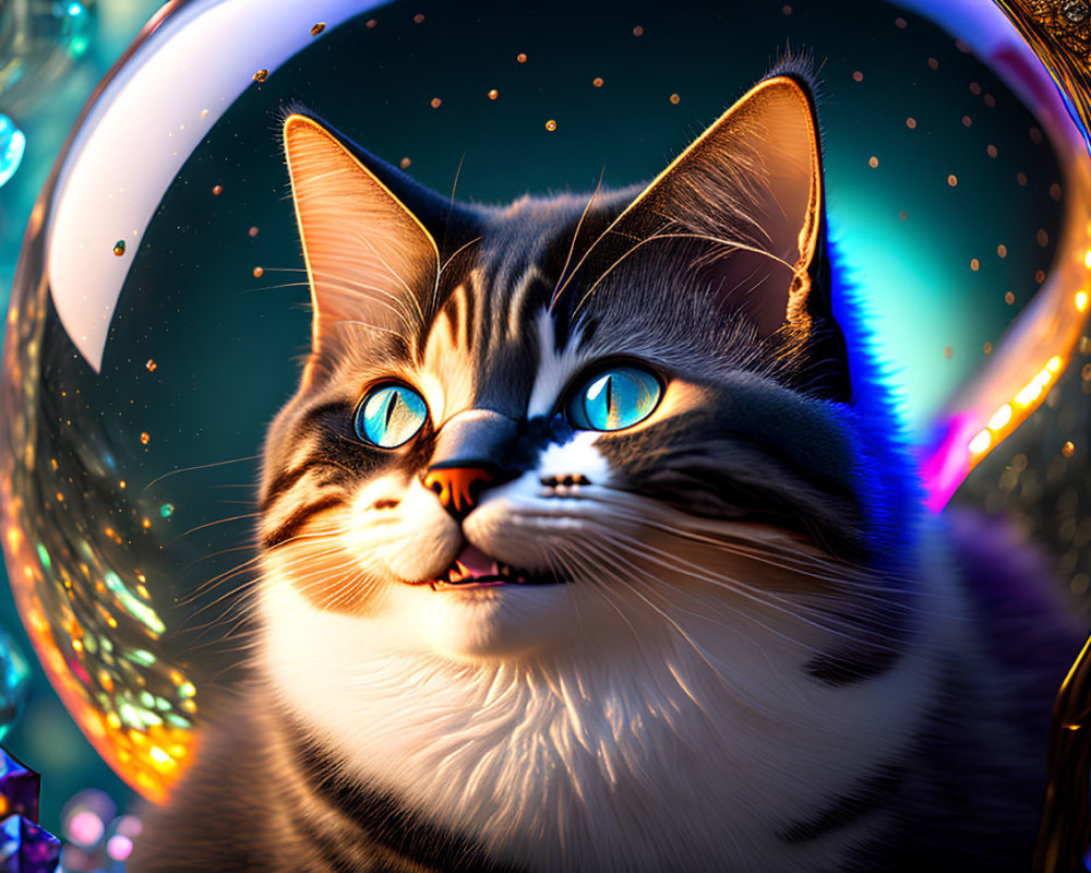 Colorful Cat Illustration with Turquoise Eyes and Glowing Orbs