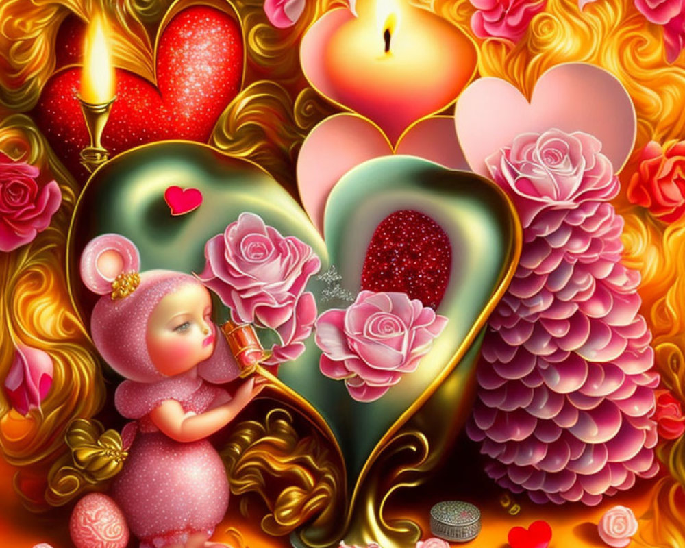 Whimsical character surrounded by hearts, roses, and candles in red, pink, and gold palette