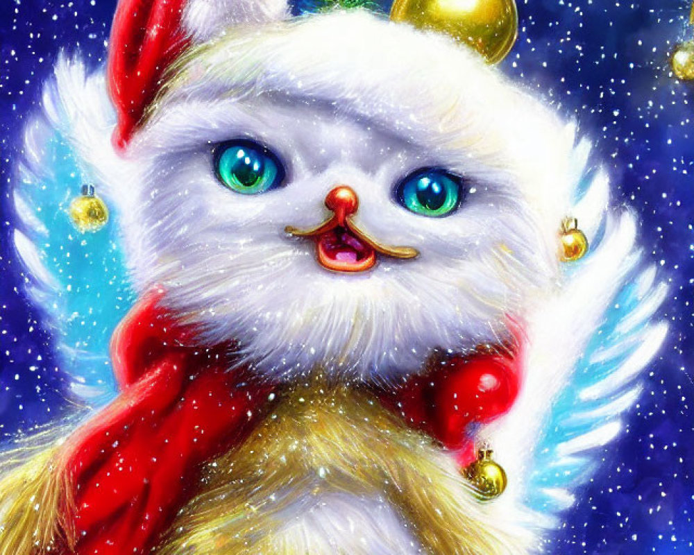 Blue-furred snowy creature with red scarf and white cat in festive setting