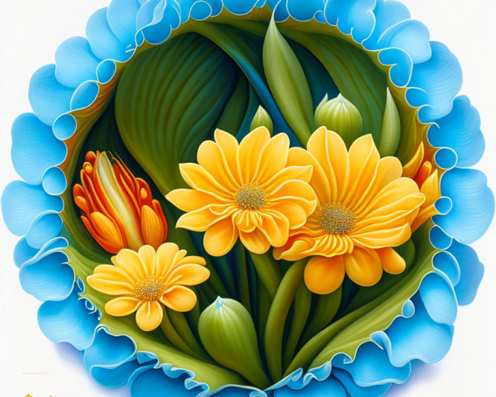 Vibrant orange-yellow flowers with green foliage in circular floral design