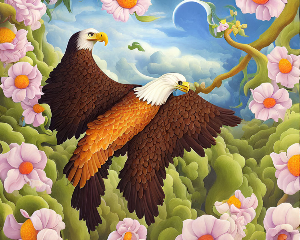 Majestic eagles soaring over vibrant flowers and lush greenery with serene crescent moon