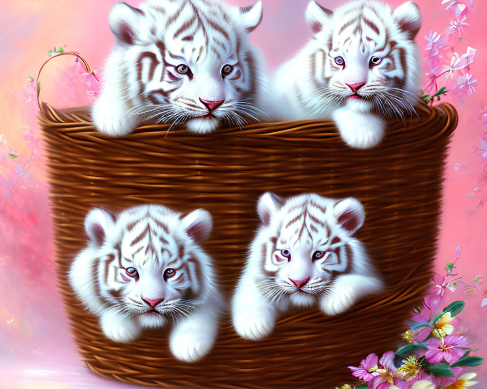 Four White Tiger Cubs with Blue Eyes in Wicker Basket with Soft Pastel Colors