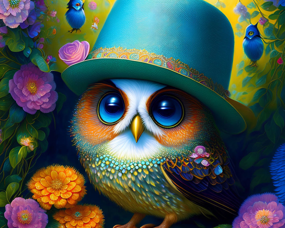 Colorful Owl in Teal Top Hat Surrounded by Flowers and Blue Birds