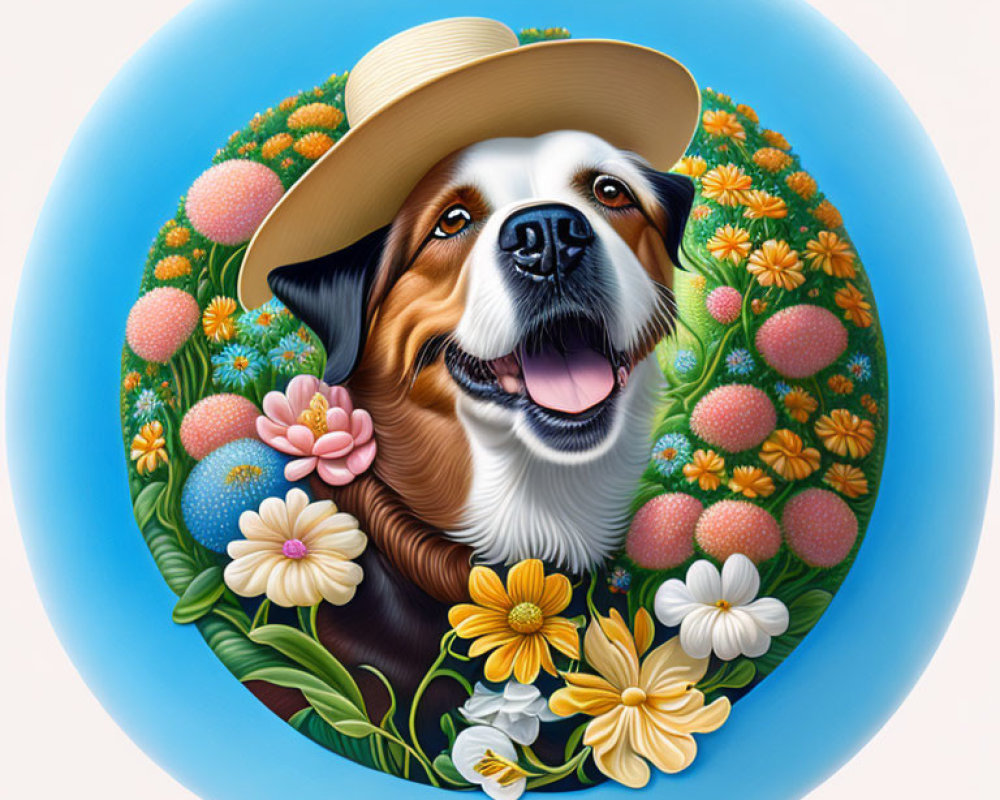 Colorful Cartoon Dog with Straw Hat Among Flowers and Easter Eggs