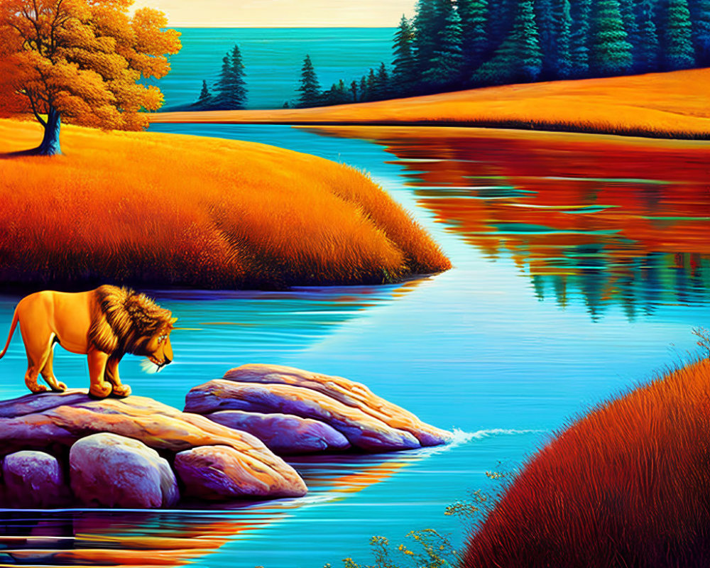 Detailed Illustration: Lion on Rocks by Serene Lake Amid Autumn Trees