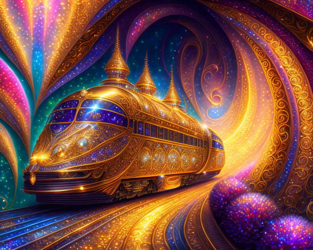 Ornate glowing train on cosmic track with swirling patterns