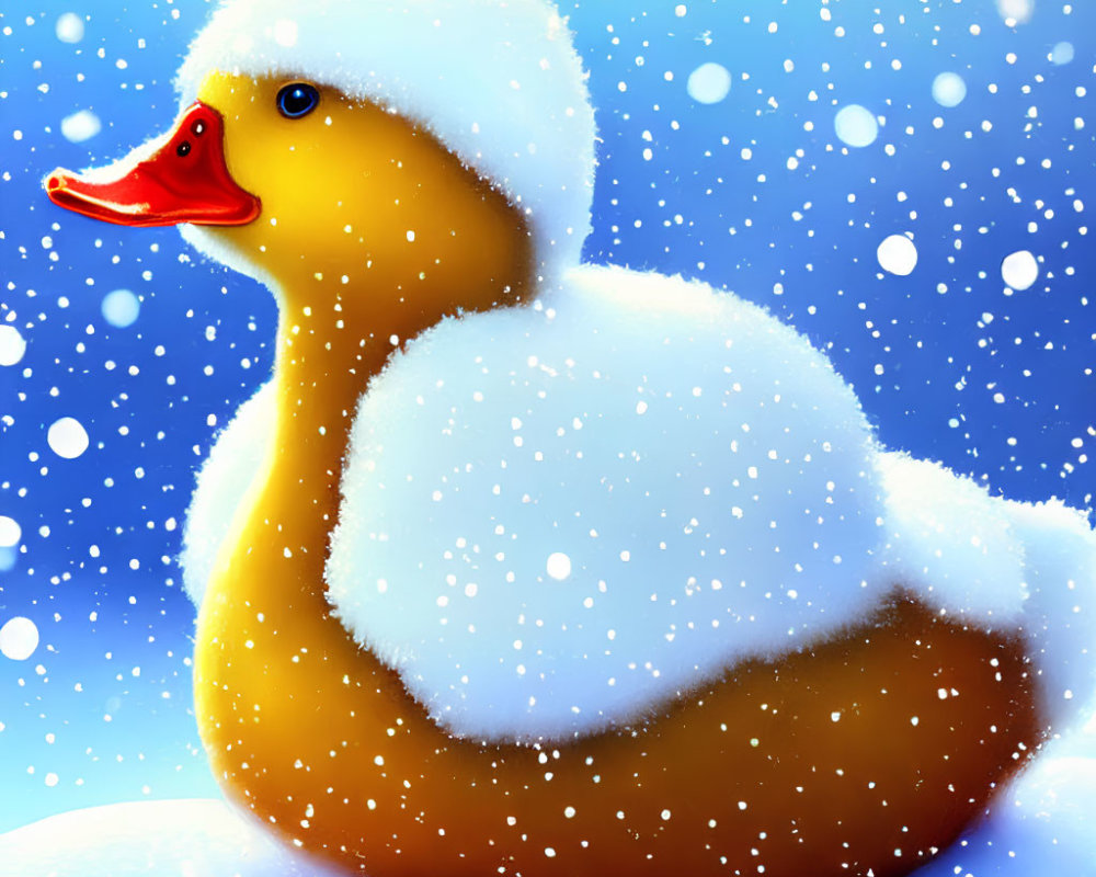 Vibrant snow-covered rubber duck in colorful illustration