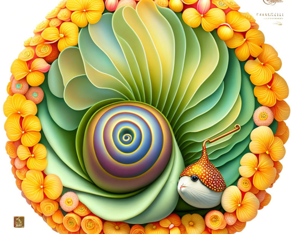 Abstract snail with patterned shell among stylized flowers and leaves