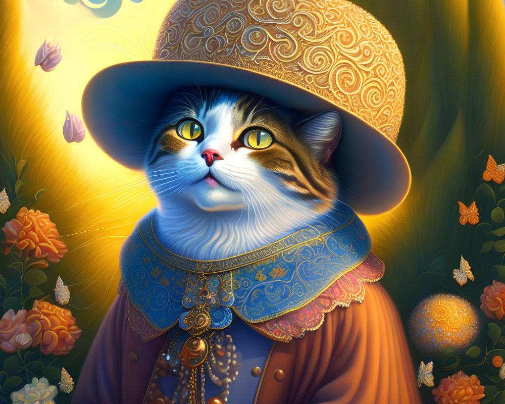 Whimsical cat illustration in vintage attire with butterflies