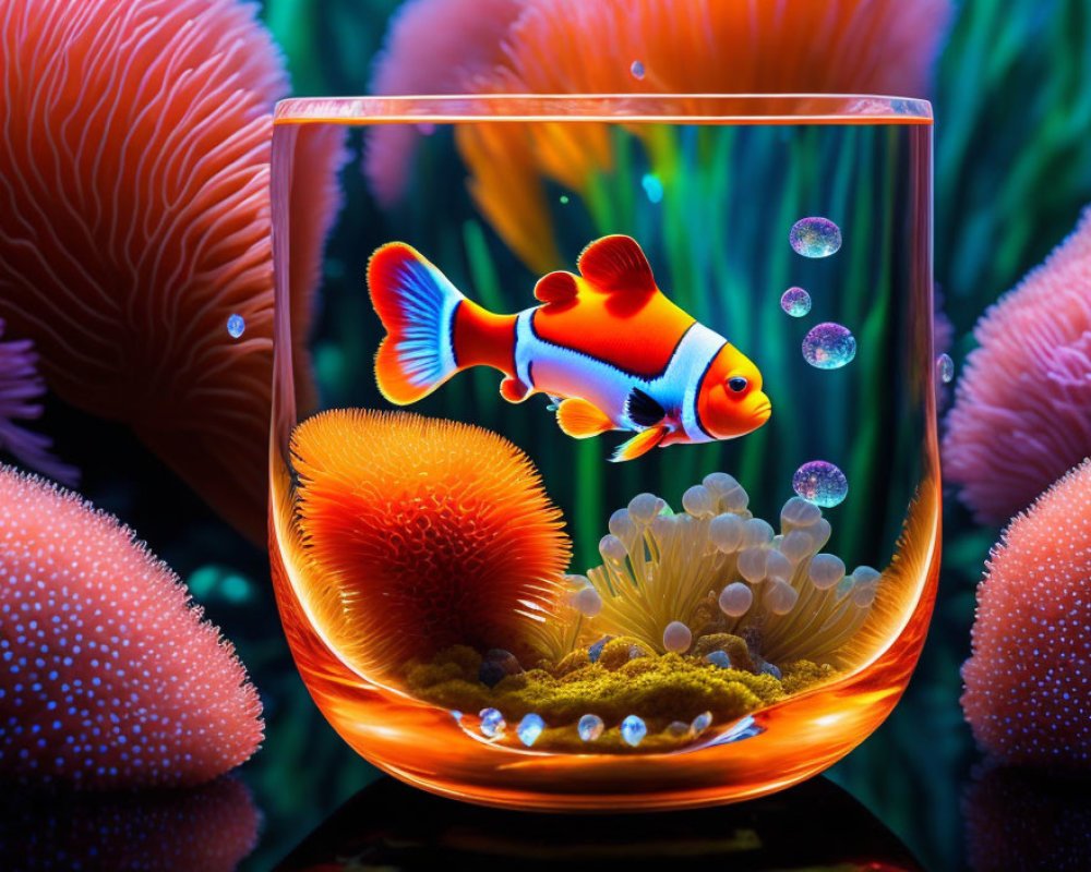 Colorful Clownfish Swimming Among Sea Anemones in Fishbowl